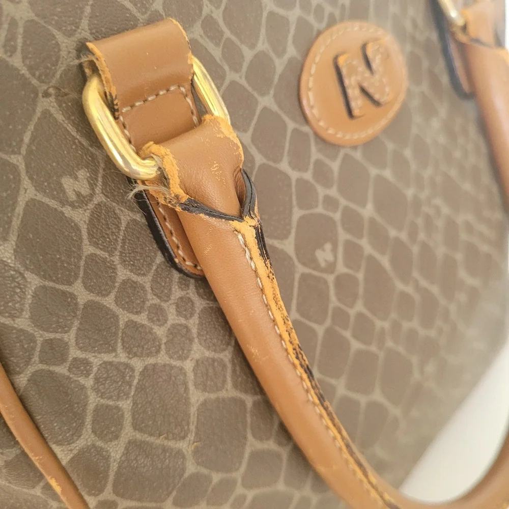 Nina Ricci Vintage‎ Brown Textured Satchel Bag Top Handle Logo Print Handbag